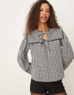 Nobody's Child Bridy Blouse With Collar Detail In Check For Women Black/white