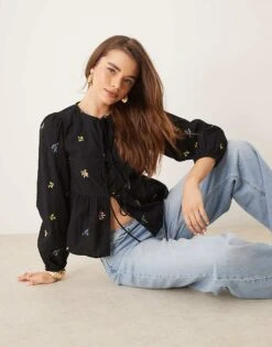 Nobody's Child Bernice Tie Front Embroidered Blouse In Black For Women