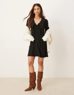 Nobody's Child Ottilie Bow Detail Long Sleeve Mini Dress In Black For Women -Nobody’s Child Shop 207759772 3