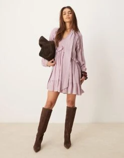 Nobody's Child Bohana Boho Ruffle Mini Dress In Dusty Pink For Women