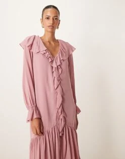 Nobody's Child Koko Sheer Frill Boho Midi Dress In Pale Pink For Women -Nobody’s Child Shop 207786046 3