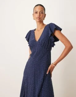 Nobody's Child Loubelle Frill Sleeve Midi Dress In Navy Polka Dot For Women -Nobody’s Child Shop 207786048 3
