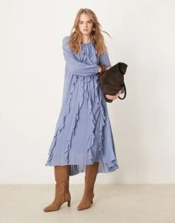 Nobody's Child Dixie Frill Boho Midi Dress In Pale Blue For Women