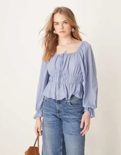 Nobody's Child Balloon Sleeve Square Neck Blouse In Dusky Blue For Women -Nobody’s Child Shop 207786074 3