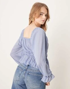 Nobody's Child Balloon Sleeve Square Neck Blouse In Dusky Blue For Women -Nobody’s Child Shop 207786074 4