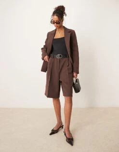 Nobody's Child Pleat Front Bermuda Shorts Co-ord In Dark Brown For Women -Nobody’s Child Shop 207786104 1 darkbrown 1