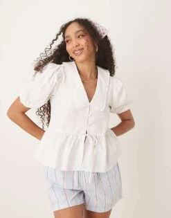 Nobody's Child Poppy Collared Puff Sleeve Blouse In White For Women -Nobody’s Child Shop 207786162 1 white 1