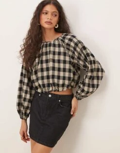 Nobody's Child Marlice Balloon Sleeve Linen Top In Mono Gingham For Women