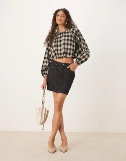 Nobody's Child Marlice Balloon Sleeve Linen Top In Mono Gingham For Women -Nobody’s Child Shop 208035232 3