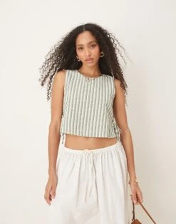 Nobody's Child Verity Tie-side Linen Top In Beige Stripe For Women