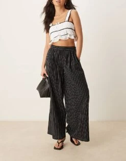 Nobody's Child Jerrow Wide Leg Linen Trousers In Black Stripe For Women
