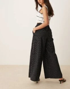 Nobody's Child Jerrow Wide Leg Linen Trousers In Black Stripe For Women -Nobody’s Child Shop 208035406 5