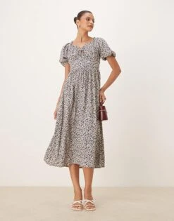 Nobody's Child Lucinda Midi Tea Dress In White Ditsy For Women