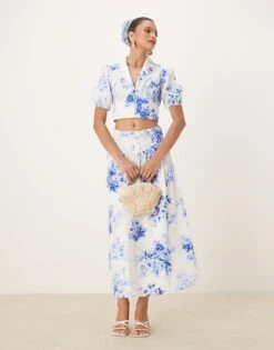 Nobody's Child Madalena A-line Midi Skirt Co-ord In Blue And White