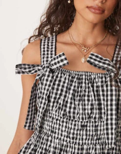 Nobody's Child Dallas Bow Detail Midi Dress In Micro Mono Gingham For Women -Nobody’s Child Shop 208035478 3