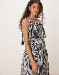 Nobody's Child Dallas Bow Detail Midi Dress In Micro Mono Gingham For Women -Nobody’s Child Shop 208035478 4