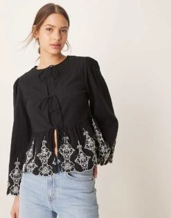 Nobody's Child Aramis Embroidered Blouse In Black For Women