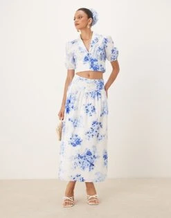 Nobody's Child Madalena A-line Midi Skirt Co-ord In Blue And White -Nobody’s Child Shop 208035543 1 blueandwhite 1