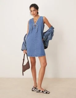 Nobody's Child Lykke A-line Denim Pinny Mini Dress In Mid Wash For Women Americana