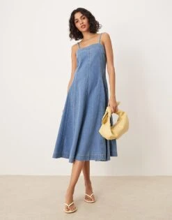 Nobody's Child Anita A-line Panelled Strappy Midi Dress In Mid Vintage Wash For Women