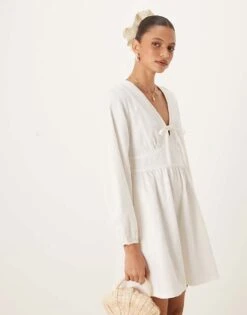 Nobody's Child Astra Long Sleeve Mini Dress In Cream Denim For Women