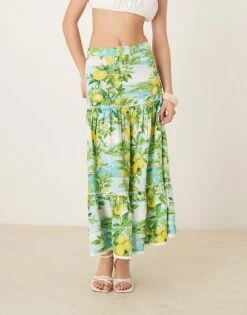 Nobody's Child Summer Tiered Linen Skirt In Lemon Scenic Print For Women Multi -Nobody’s Child Shop 208075235 4