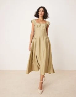 Nobody's Child Rue Structured Midi Dress With Bow Straps In Khaki For Women -Nobody’s Child Shop 208075250 1 khaki 1