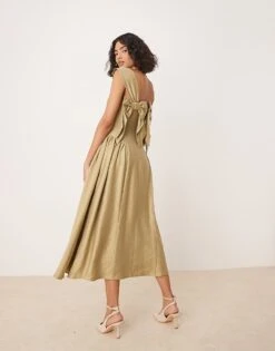 Nobody's Child Rue Structured Midi Dress With Bow Straps In Khaki For Women -Nobody’s Child Shop 208075250 3