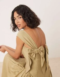 Nobody's Child Rue Structured Midi Dress With Bow Straps In Khaki For Women -Nobody’s Child Shop 208075250 4