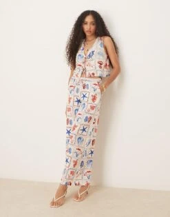 Nobody's Child Reese Linen Wide Leg Trousers Co-ord In Shell Tile Print For Women Multi