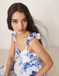 Nobody's Child Rhys Flutter Sleeve Tiered Midi Dress In White Blue Floral For Women Blue And White -Nobody’s Child Shop 208075272 3