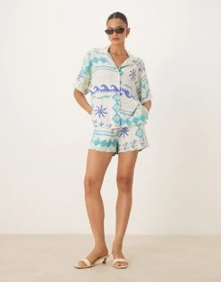 Nobody's Child Jet Linen Co-ord In White And Blue