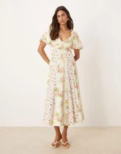 Nobody's Child Peony Milkmaid Midi Dress In Cream Spliced Floral For Women Cream Floral