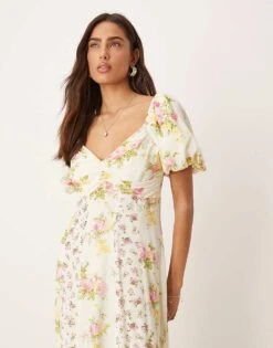 Nobody's Child Peony Milkmaid Midi Dress In Cream Spliced Floral For Women Cream Floral -Nobody’s Child Shop 208075466 3