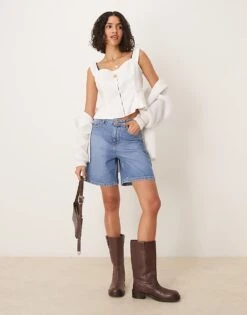 Nobody's Child Brixton Longline Denim Shorts In Mid Wash For Women Mid Blue -Nobody’s Child Shop 208075509 1 midblue 1