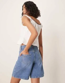 Nobody's Child Brixton Longline Denim Shorts In Mid Wash For Women Mid Blue -Nobody’s Child Shop 208075509 4